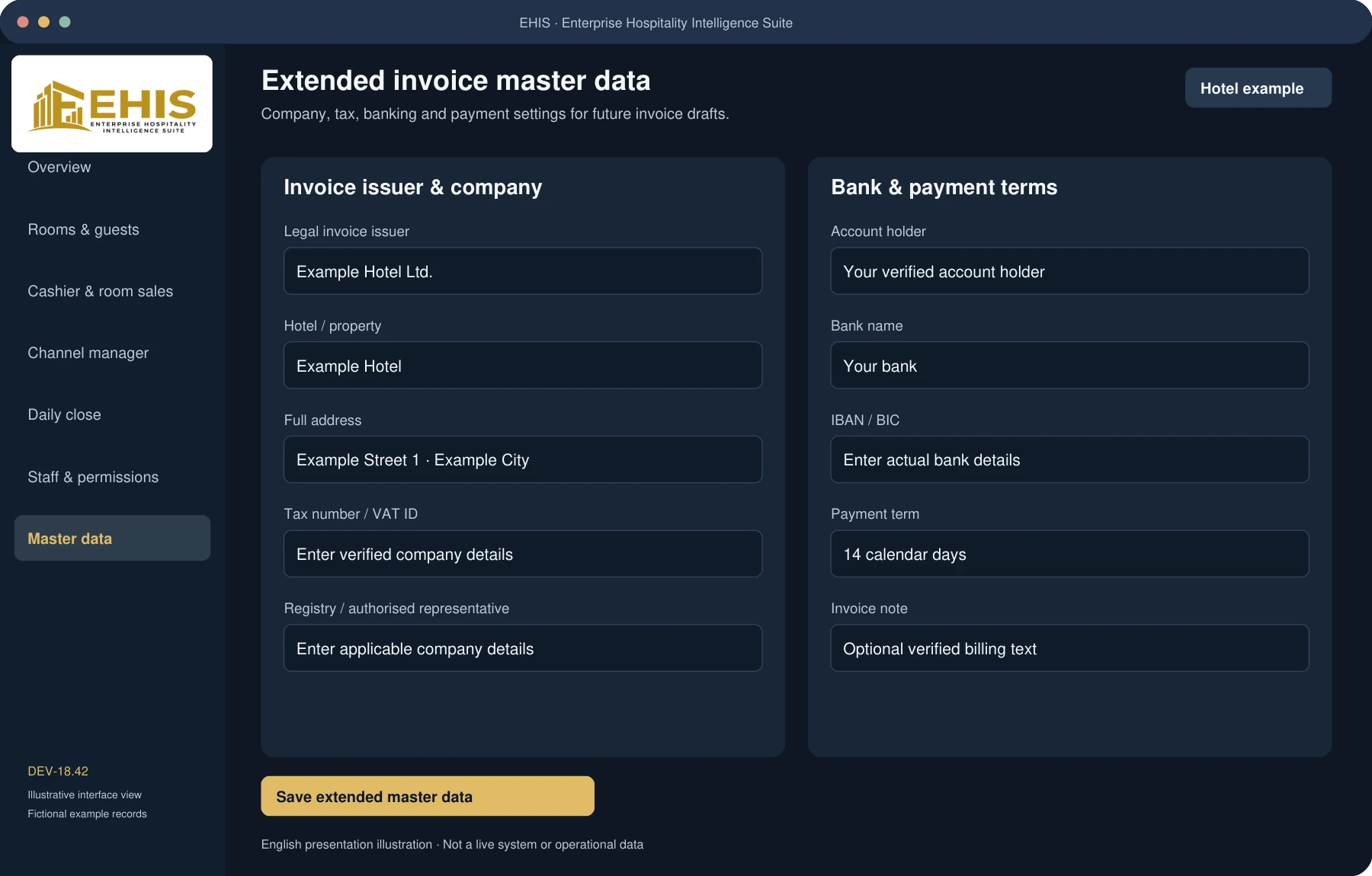 Extended master data illustration with issuer, tax, company registry, bank details and payment terms; no real bank data shown.