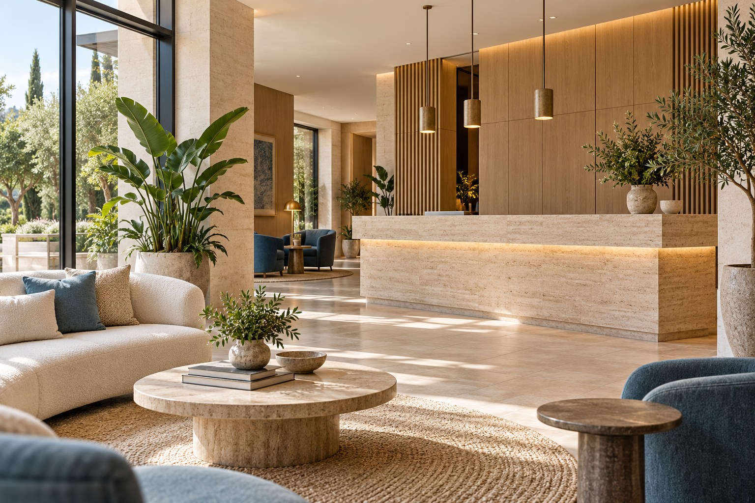 Lichtdurchflutete Hotelrezeption als illustratives Hospitality-Motiv